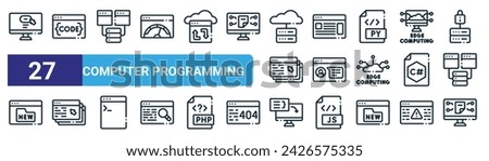set of 27 outline web computer programming icons such as web button, coding, server, web browser, customer review, windows, compiler, protocol vector thin line icons for design, mobile app.
