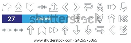 set of 27 outline web arrows icons such as down left, up arrows, down arrow, left arrow, left and right arrows, and right down arrow, vector thin line icons for web design, mobile app.