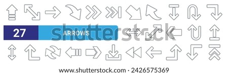 set of 27 outline web arrows icons such as up arrow, arrows, right arrow, up left, arrows, turn up, back, arrow vector thin line icons for web design, mobile app.