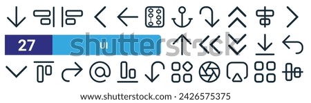 set of 27 outline web ui icons such as down, right align, align left, right down, left, top alignment, apps, center align vector thin line icons for web design, mobile app.