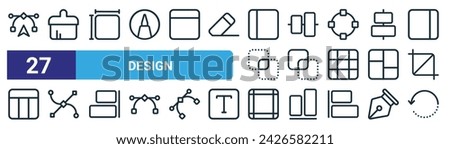 set of 27 outline web design icons such as  , brush tool, format size, align justify, exclude, anchor point, margin, rotate arrow vector thin line icons for web design, mobile app.