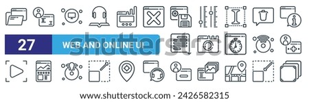 set of 27 outline web web and online ui icons such as open folder, user, pc, slider, low, wireframe, delete user, layers vector thin line icons for web design, mobile app.