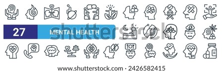 set of 27 outline web mental health icons such as resources, burnout, self esteem, mental disorder, social support, helpline, eating disorder, medication vector thin line icons for web design,