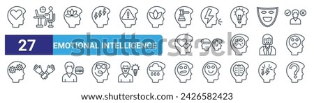set of 27 outline web emotional intelligence icons such as emotional intelligence, busy, meditation, abuse, bipolar, crossed, meh, concerned vector thin line icons for web design, mobile app.