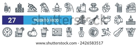 set of 27 outline web puerto rico icons such as guiro, cathedral, empanada, dress, bordonua, guarapo, rum, mojito vector thin line icons for web design, mobile app.