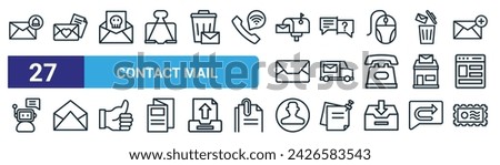 set of 27 outline web contact mail icons such as notification, love letter, blackmail, faq, mail truck, open mail, profile, postage stamp vector thin line icons for web design, mobile app.