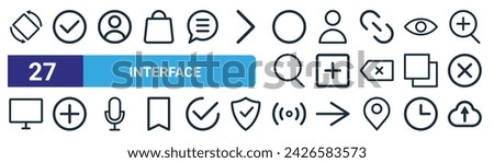 set of 27 outline web interface icons such as rotate, tick mark, user profile, profile, new tab, add button, wifi connection, upload button vector thin line icons for web design, mobile app.