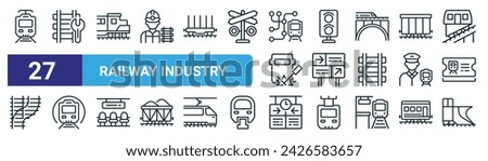 set of 27 outline web railway industry icons such as electric tram, repair service, locomotive, traffic light, road, subway, timetable, snowplow vector thin line icons for web design, mobile app.