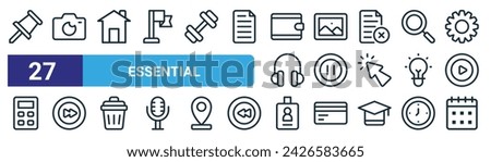 set of 27 outline web essential icons such as pin, camera, house, picture, pause, forward, id card, calendar vector thin line icons for web design, mobile app.