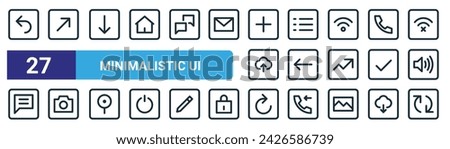 set of 27 outline web minimalistic ui icons such as arrow left, arrow upper right, arrow down, list, left camera, refresh, refresh vector thin line icons for web design, mobile app.