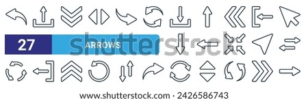 set of 27 outline web arrows icons such as return, upload, down, arrow up, back,  , reload, right vector thin line icons for web design, mobile app.