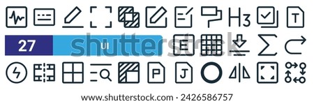 set of 27 outline web ui icons such as wave, keyboard, edit, brush, grid, movie, jpg, endpoint vector thin line icons for web design, mobile app.