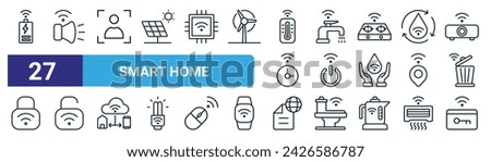 set of 27 outline web smart home icons such as battery bar, smart speaker, scan, faucet, smart switch, unlock, online data, key card vector thin line icons for web design, mobile app.