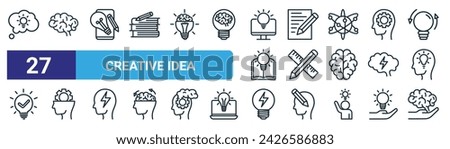 set of 27 outline web creative idea icons such as creative bulb, creative brain, bulb, writer, pencil and ruler, thinking, bulb, brain vector thin line icons for web design, mobile app.