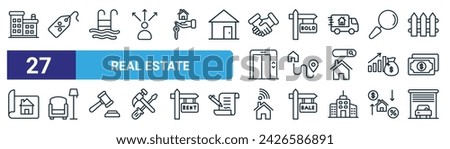 set of 27 outline web real estate icons such as condo, discount, swimming pool, sold, location, living room, smart home, garage vector thin line icons for web design, mobile app.