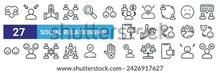 set of 27 outline web social relationship icons such as friends, pressure, high five, hate, exclude, mood, bully, choices vector thin line icons for web design, mobile app.
