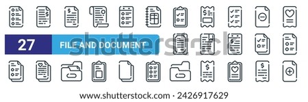 set of 27 outline web file and document icons such as checklist, bill, bill, invoice, bookmark, wishlist, folder, add file vector thin line icons for web design, mobile app.