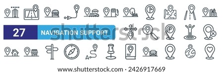 set of 27 outline web navigation support icons such as hotel, navigation, fast food, location mark, map pointer, shop, guide book, valentine vector thin line icons for web design, mobile app.
