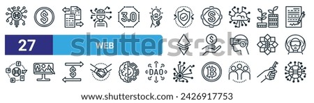 set of 27 outline web web icons such as network, coin, data, semantic web, venture, digital art, decentralized, network vector thin line icons for design, mobile app.