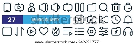 set of 27 outline web music player icons such as phone, replay, profile, folder, song, shuffle, list menu, headphone vector thin line icons for web design, mobile app.