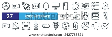 set of 27 outline web user interface icons such as user, record, rocket, play, microphone, notification bell, power, checkmark vector thin line icons for web design, mobile app.