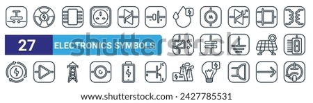 set of 27 outline web electronics symbols icons such as push button, nuclear, ic chip, electric motor, capacitor, amplifier, power plant, vacuum tube vector thin line icons for web design, mobile