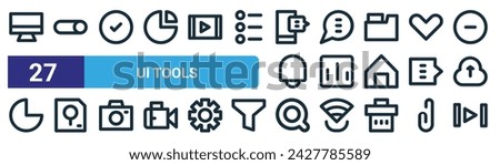 set of 27 outline web ui tools icons such as screen, toggle button, check, chat bubble, bar chart, finder, searching, next vector thin line icons for web design, mobile app.