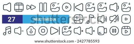 set of 27 outline web multimedia icons such as volume, film, forward, add, music, low volume, mute, videoplayer vector thin line icons for web design, mobile app.