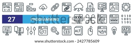 set of 27 outline web programming icons such as html, browser, wall, css, command, screen, alt, api vector thin line icons for web design, mobile app.