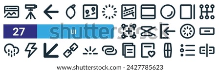 set of 27 outline web ui icons such as analysis, video, left, margin, editor, lightning, file, link vector thin line icons for web design, mobile app.