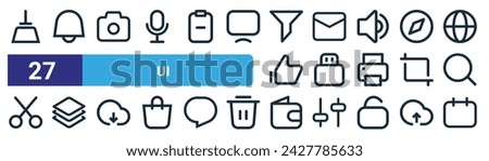set of 27 outline web ui icons such as cleaner, notification, camera, mail, pendrive, layers, wallet, calendar vector thin line icons for web design, mobile app.