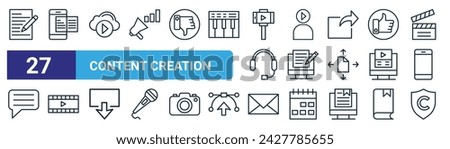 set of 27 outline web content creation icons such as writing, ebook, video player, creator, copywriting, film, message, copyright vector thin line icons for web design, mobile app.