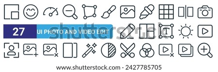 set of 27 outline web ui photo and video edit icons such as full screen, happy face, speedometer, pipette, collage, add photo, scissors, enlarge vector thin line icons for web design, mobile app.