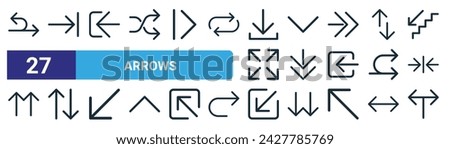 set of 27 outline web arrows icons such as bidirectional, right arrow, log in, arrow down, arrow down, up and down arrows, left, t junction vector thin line icons for web design, mobile app.
