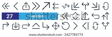 set of 27 outline web arrows icons such as arrow left, arrow left, upload, turn left, up down, download, refresh arrow, two ways vector thin line icons for web design, mobile app.