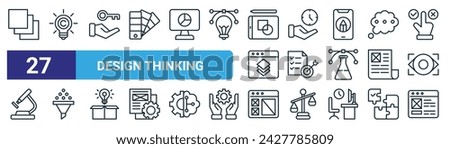 set of 27 outline web design thinking icons such as layer, copyright, solution, time management, goal, filter, wireframe, ui de vector thin line icons for web design, mobile app.