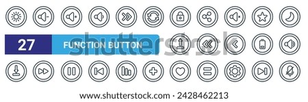 set of 27 outline web function button icons such as brightness, volume down, volume up, share, previous, next, love, mute vector thin line icons for web design, mobile app.
