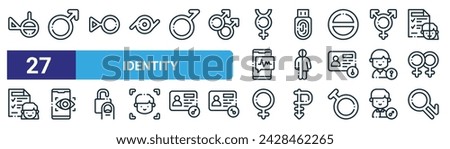set of 27 outline web identity icons such as demiagender, male, third gender, usb stick, gender neutral, eye recognition, female, intergender vector thin line icons for web design, mobile app.
