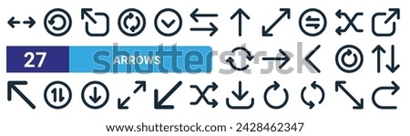 set of 27 outline web arrows icons such as left right, rotate left, expand window, expand arrows, right arrow, transfer, download, redo vector thin line icons for web design, mobile app.