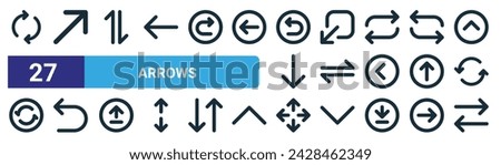set of 27 outline web arrows icons such as refresh, diagonal arrow, up down, minimize, transfer data, undo, move button, right left vector thin line icons for web design, mobile app.