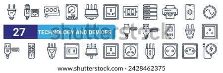 set of 27 outline web technology and devices icons such as power plug, ethernet, power strip, database, display port, remote control, power socket, wireless charging vector thin line icons for web