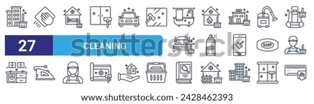 set of 27 outline web cleaning icons such as apartment, wipe, airbnb cleaning, fire, spray, ironing, book, airconditioner vector thin line icons for web design, mobile app.