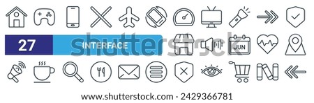 set of 27 outline web interface icons such as home, joystick, mobile phone, screen, speaker, coffee, security, left vector thin line icons for web design, mobile app.