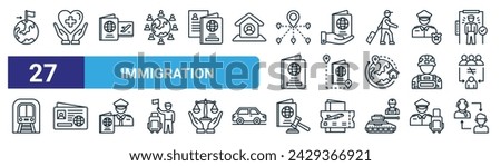 set of 27 outline web immigration icons such as destination, healthcare,  , citizenship, foreign,  immigration law, generation vector thin line icons for web design, mobile