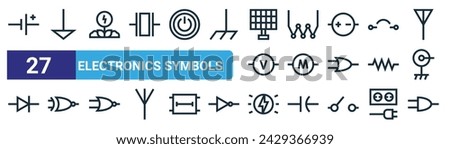 set of 27 outline web electronics symbols icons such as dc voltage source, common ground, nature, thermopile, motor, xor gate, electricity, and gate vector thin line icons for web design, mobile