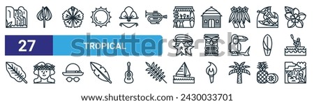 set of 27 outline web tropical icons such as waterfall, anthurium, hibiscus, hut, tiki, hawaiian, sail boat, rainforest vector thin line icons for web design, mobile app.