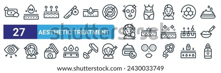 set of 27 outline web aesthetic treatment icons such as medical, hyaluronic acid, collagen, waist, mole, glowing skin, night cream, serum vector thin line icons for web design, mobile app.