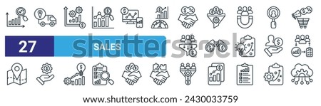 set of 27 outline web sales icons such as forecasting, tracking, management, sales funnel, prospecting, compensation, conversion, salesforce vector thin line icons for web design, mobile app.