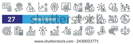 set of 27 outline web investment icons such as bonds, passive income, risk management, real estate, investment, financial planning, growth, mutual fund vector thin line icons for web design, mobile