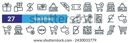 set of 27 outline web shopping icons such as gift box, shopping,  , close,  sale, bitcoin, cart vector thin line icons for web design, mobile